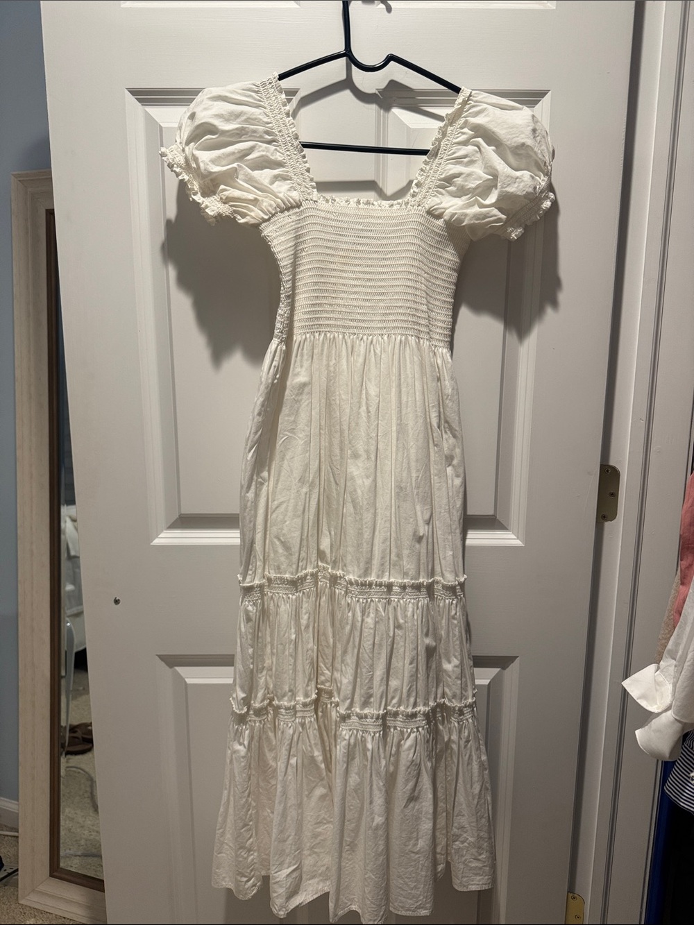 OPT White Puff Sleeve Smocked Tiered Dress